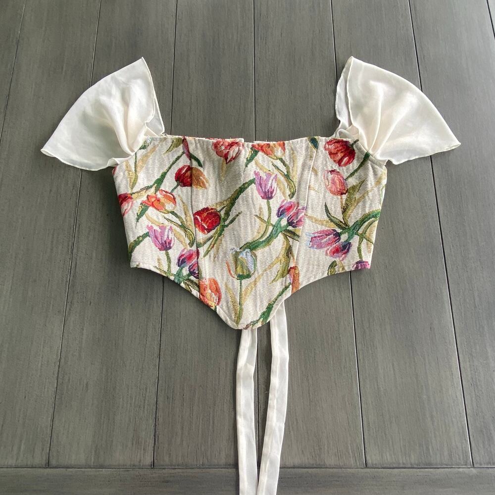 Shein Tulip Floral Jacquard Corset Medium • Gobelin Fabric Lace‑Up Sheer Sleeves